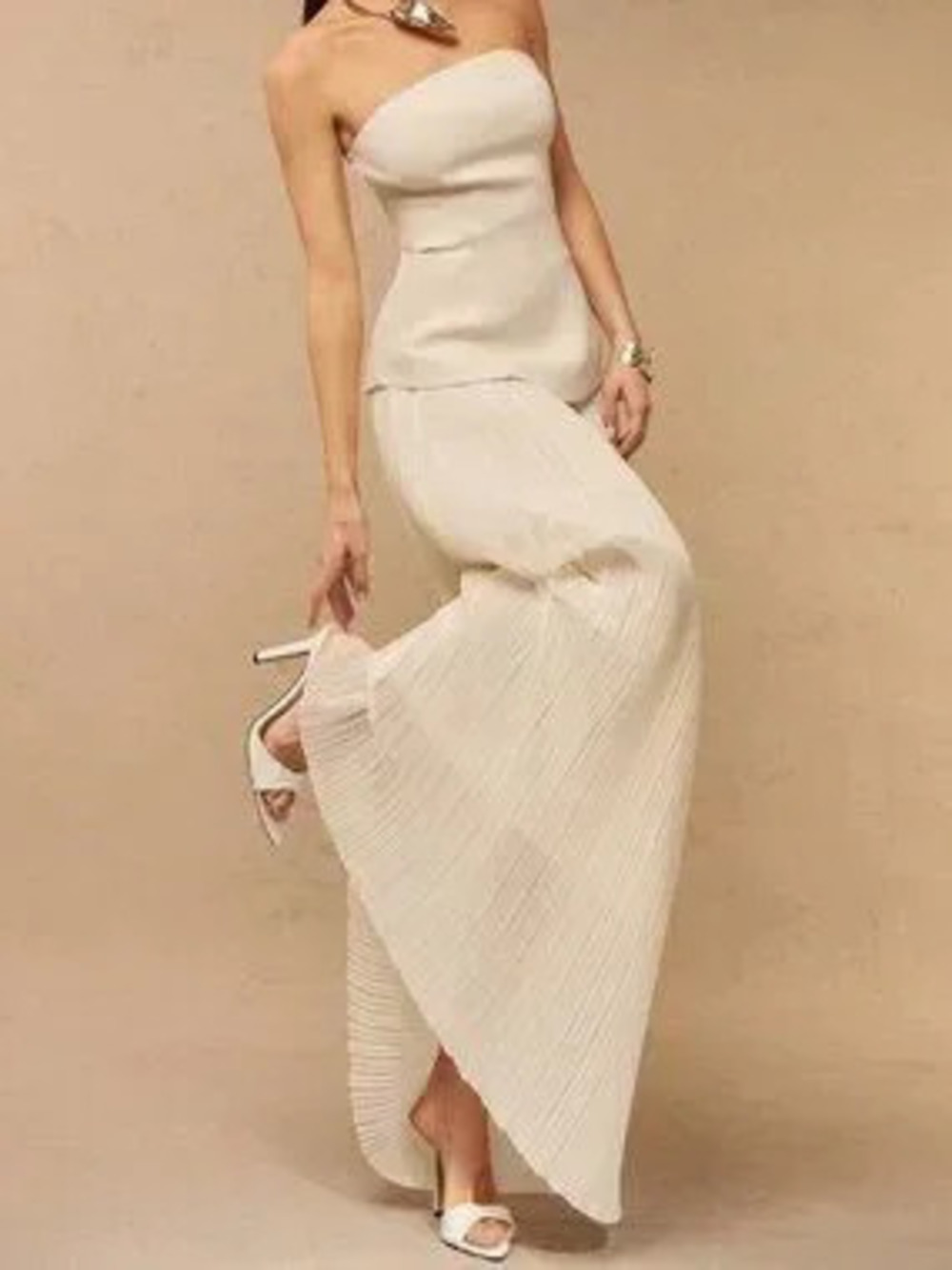 Apricot Elegant Formal Women's Strapless Top and Pleated Skirt Two-Piece Set